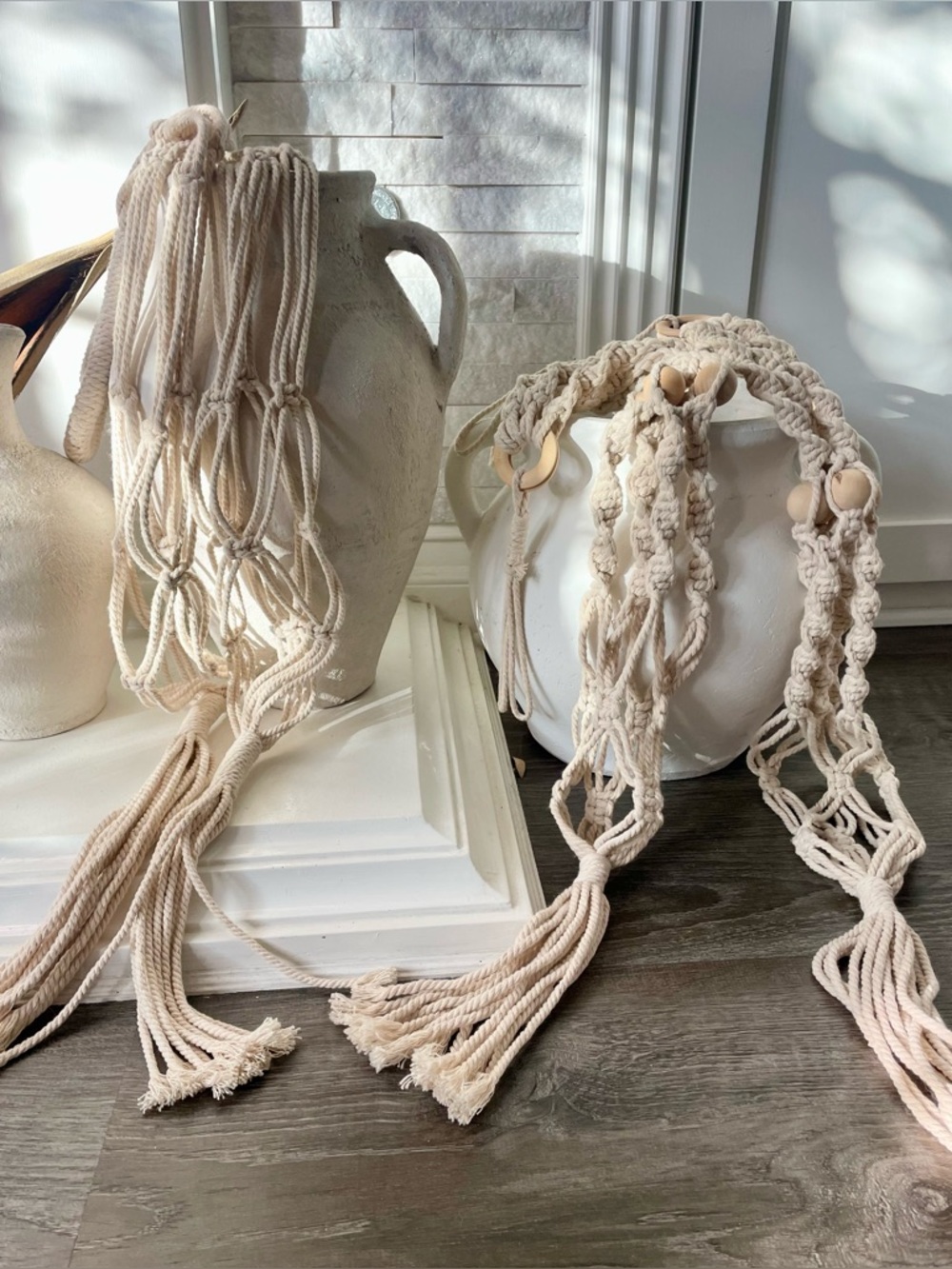 SET OF 4 Handmade Cream Macramé Plant Hanger - Neutral Home Accents - Picture 4 of 6